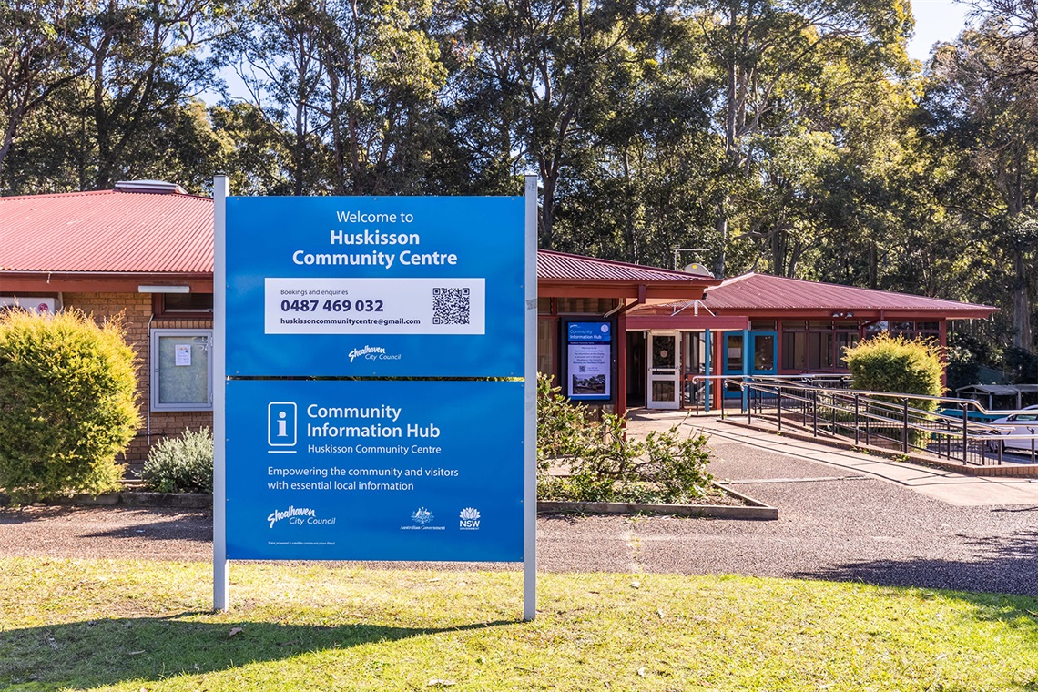 A view of the front of the Huskisson Community Centre and sign taken from the street.