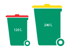 2D graphic of a medium 120L red bin and a large 240L yellow bin