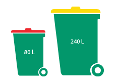 2D graphic of a small 80L red bin and a large 240L yellow bin