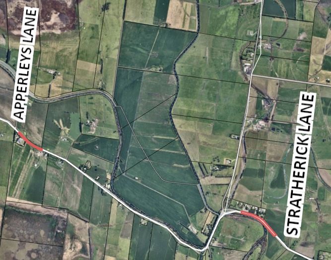 Satellite image of Apperley's Lane to Stratherick Lane, with affected areas highlighted in red.