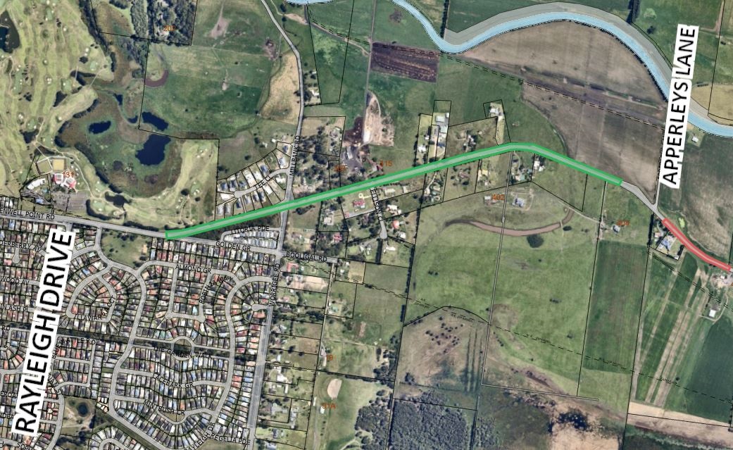 Satellite image of Rayleigh Drive to Apperley's Lane, with the road highlighted in green.