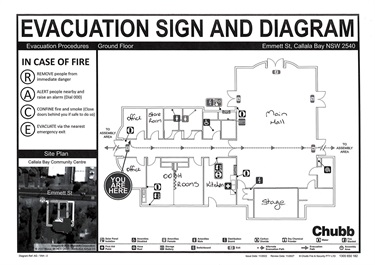 Evacuation plan showing floor plan of building.
