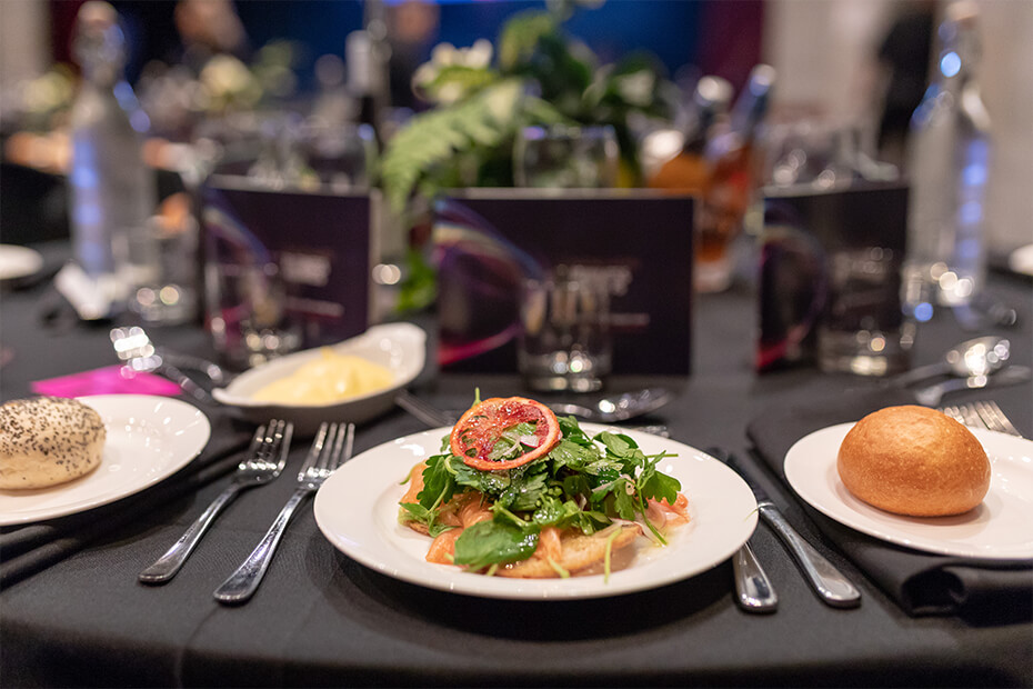 A set table for dining event at the Entertainment Centre