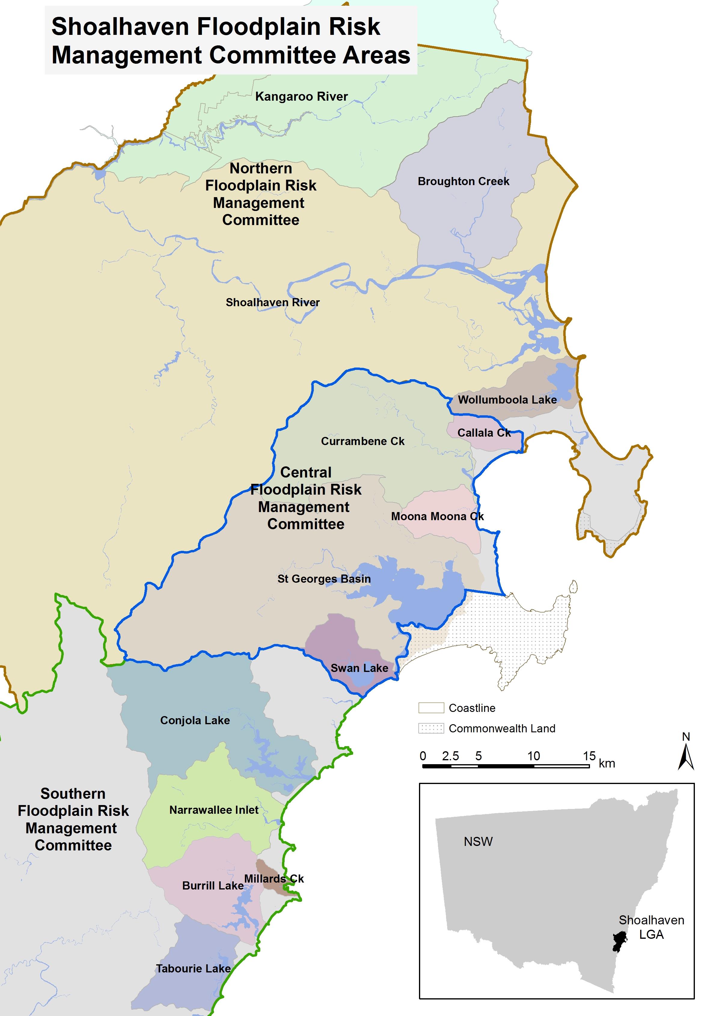 Map of Shoalhaven Local Government Area designating the Northern, Central and Southern floodplain risk mangement committee areas