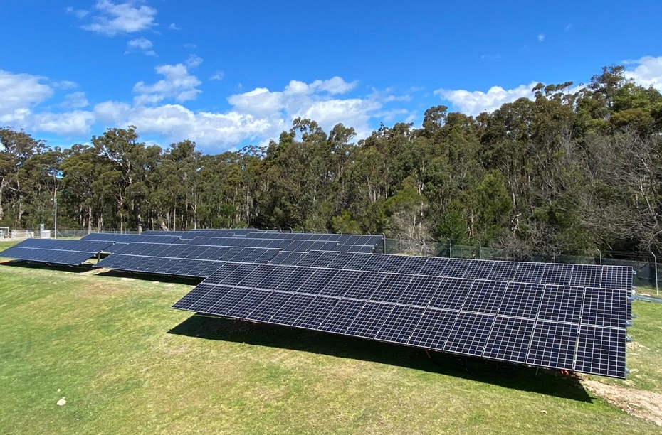 Solar panel array on green grass with trees in background