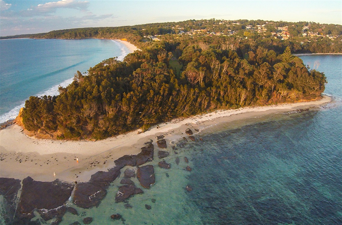 Aerial view of headland bordered by beaches and rock platforms and thick bushland